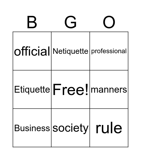 1.01 Business Etiquette Bingo  Bingo Card
