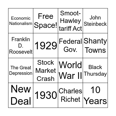 The Great Depression Bingo Card