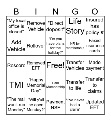 Memorial Day Bingo Card