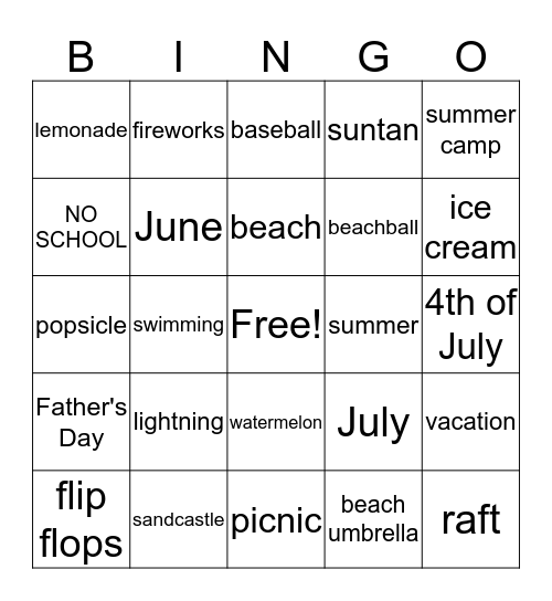 End of School Bingo  Bingo Card