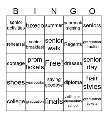 End of Year Activities  Bingo Card