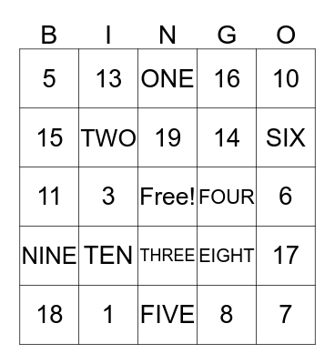NUMBER BINGO Card