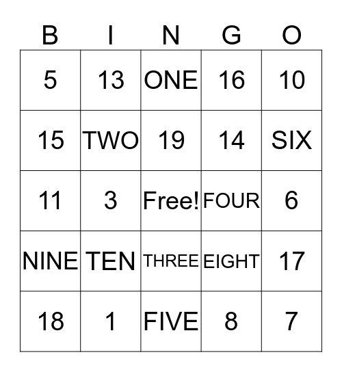 NUMBER BINGO Card