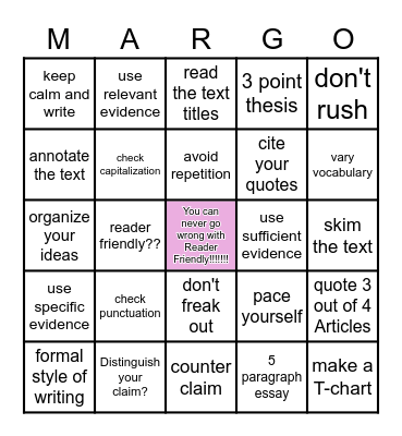 Argument Essay Bingo Card