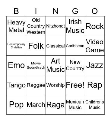 Different Styles of Music Bingo Card