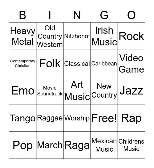 Different Styles of Music Bingo Card