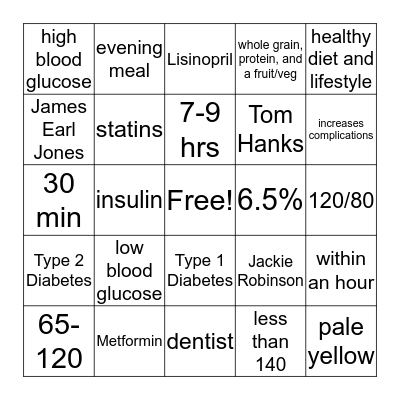 Diabetes Bingo Card