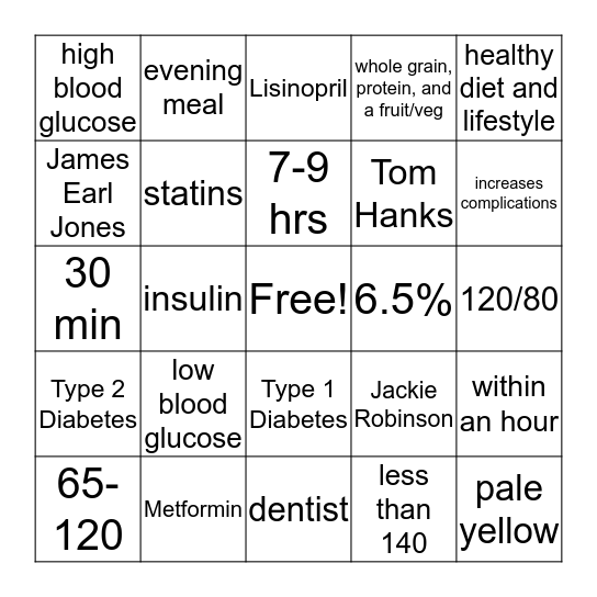 Diabetes Bingo Card