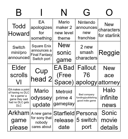 E3 Bingo (Artie) Bingo Card