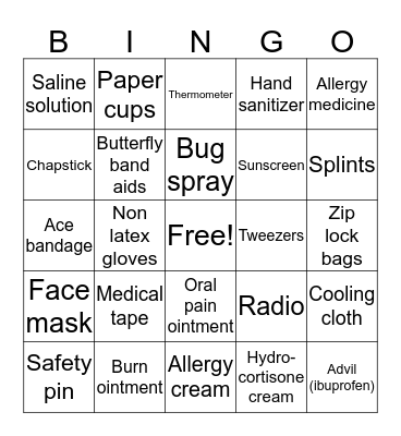 First Aid Bingo Card