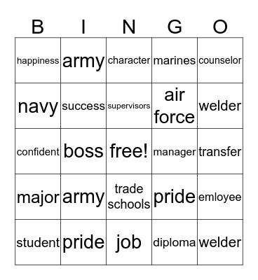 career class bingo board Bingo Card