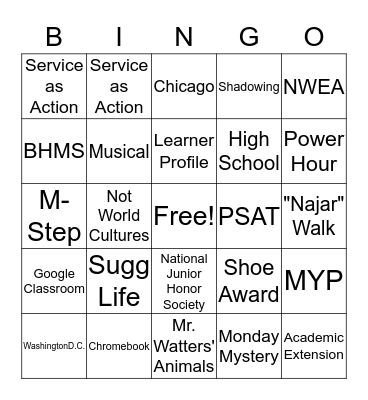 8th Grade Bingo  Bingo Card