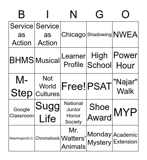 8th Grade Bingo  Bingo Card