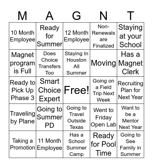 Summer Magnet Bingo Card