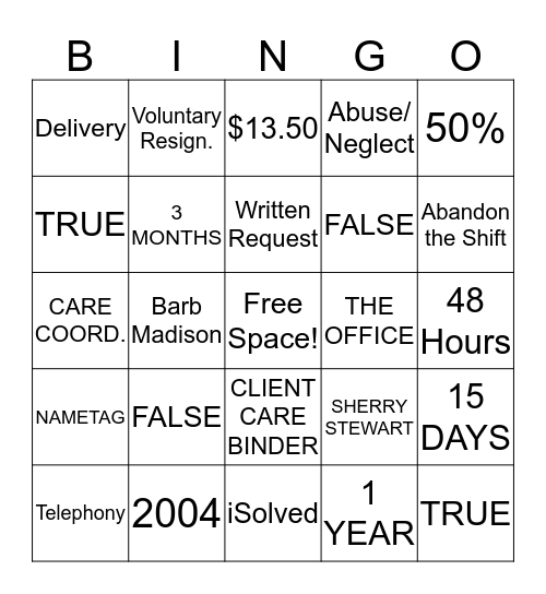 Right at Home BINGO Card