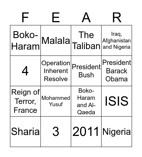 Terrorism Bingo Card