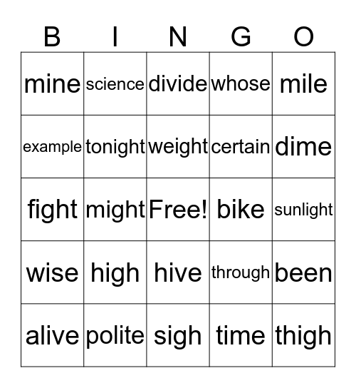Long i & sight words  Bingo Card