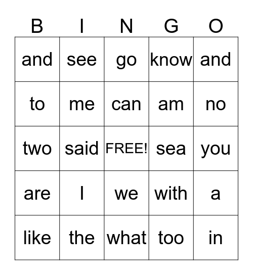 Kindergarten Star Words Bingo Card