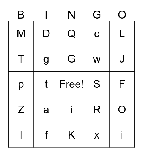 Fun with Letters Bingo Card