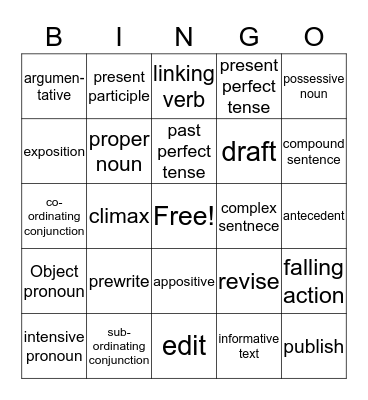 English 6 - Final Exam Bingo Card
