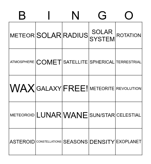 PLANETARY SYSTEMS Bingo Card