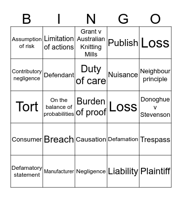 Civil Law Bingo Card