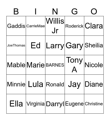 Barnes Family Reunion 2019 Bingo Card