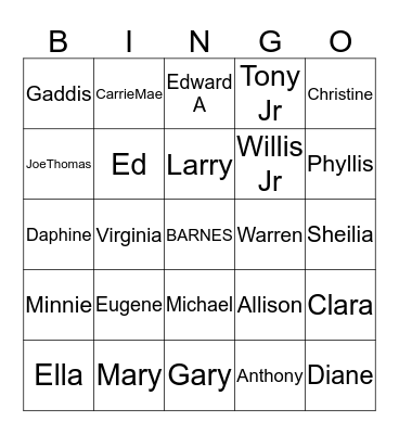 Barnes Family Reunion 2019 Bingo Card