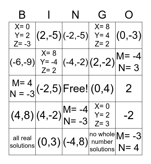 Linear Systems !!  Bingo Card