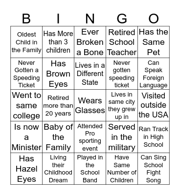 Reunion Bingo Card