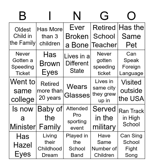 Reunion Bingo Card