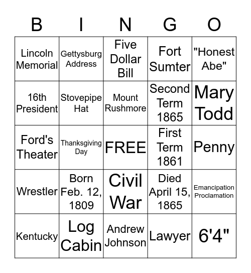 Abraham Lincoln Bingo Card
