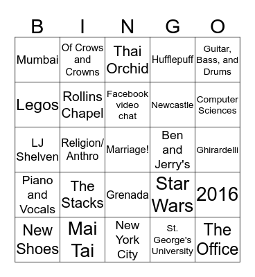 Shefali and Matthew Bingo Card
