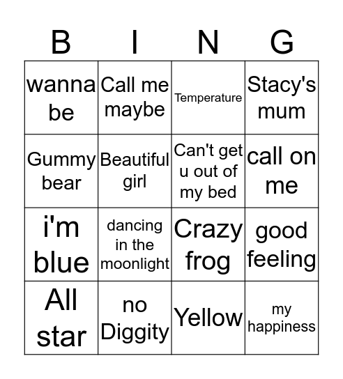 music bingo  Bingo Card