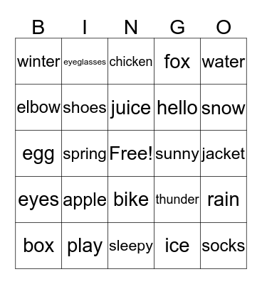 Senior English Bingo Card