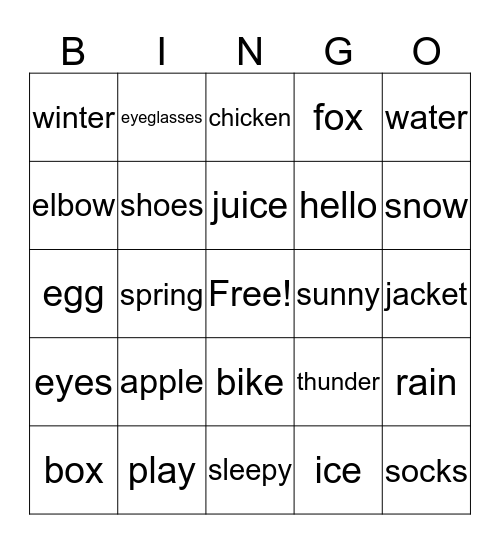 Senior English Bingo Card