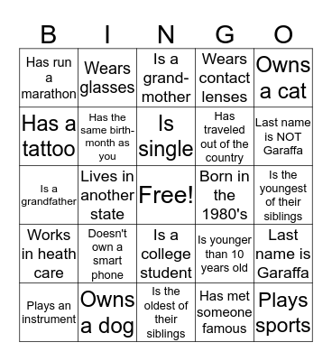 Garaffa Family Reunion Bingo Card