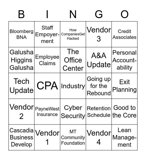 Vendor Bingo Card