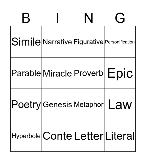 Literal and Figurative Forms in the Bible Bingo Card