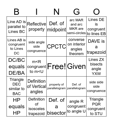 GEOMETRY BINGO (PROOFS AND THEOREMS) Bingo Card