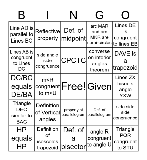 GEOMETRY BINGO (PROOFS AND THEOREMS) Bingo Card