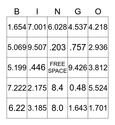 Decimal Bingo Card