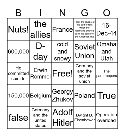 Test #6 Bingo Card