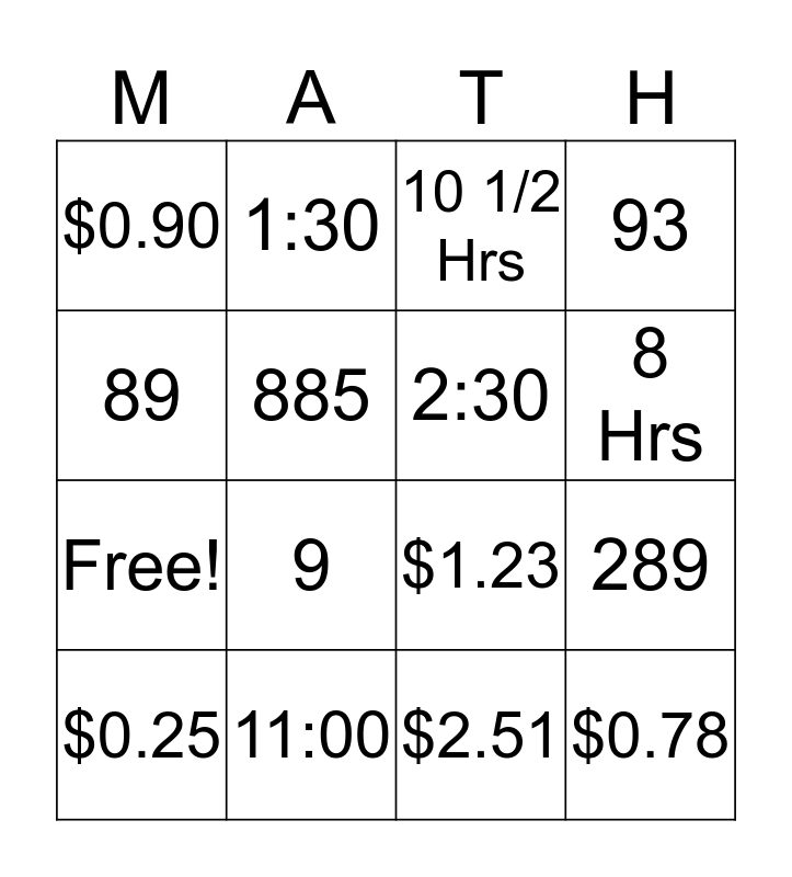 Math Bingo Card