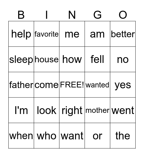 Sight Word Bingo Card