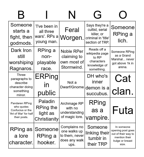 Bad RPer Bingo Card