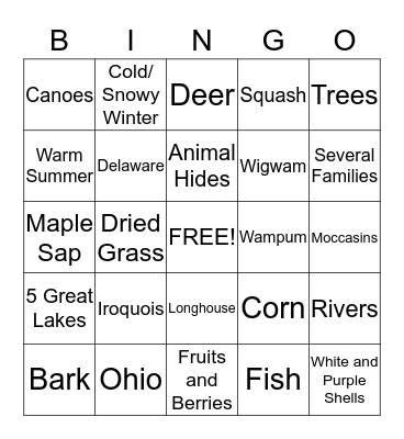 Eastern Woodlands Bingo Card