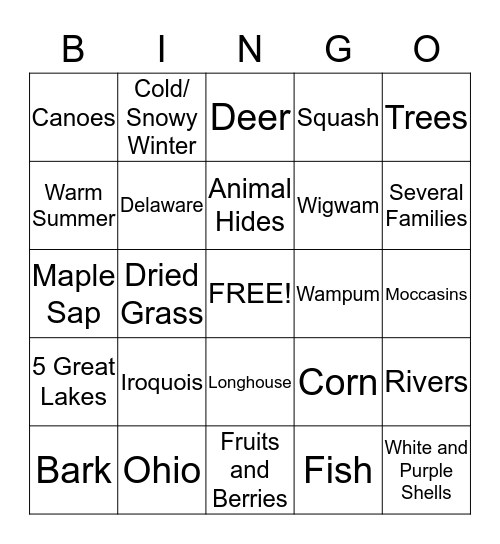 Eastern Woodlands Bingo Card