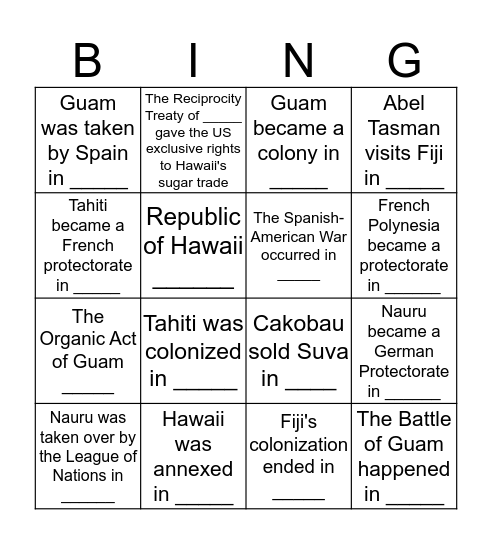 Dates of Pacific Islands Imperialism Bingo Card