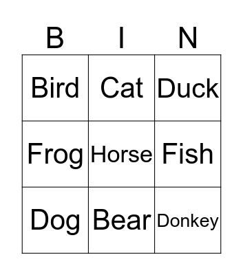 Animals Bingo Card